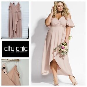 City Chic XL/22 Miss Jessica Maxi Dress Ballet Pink Ruffle Detail Wrap Style NWT